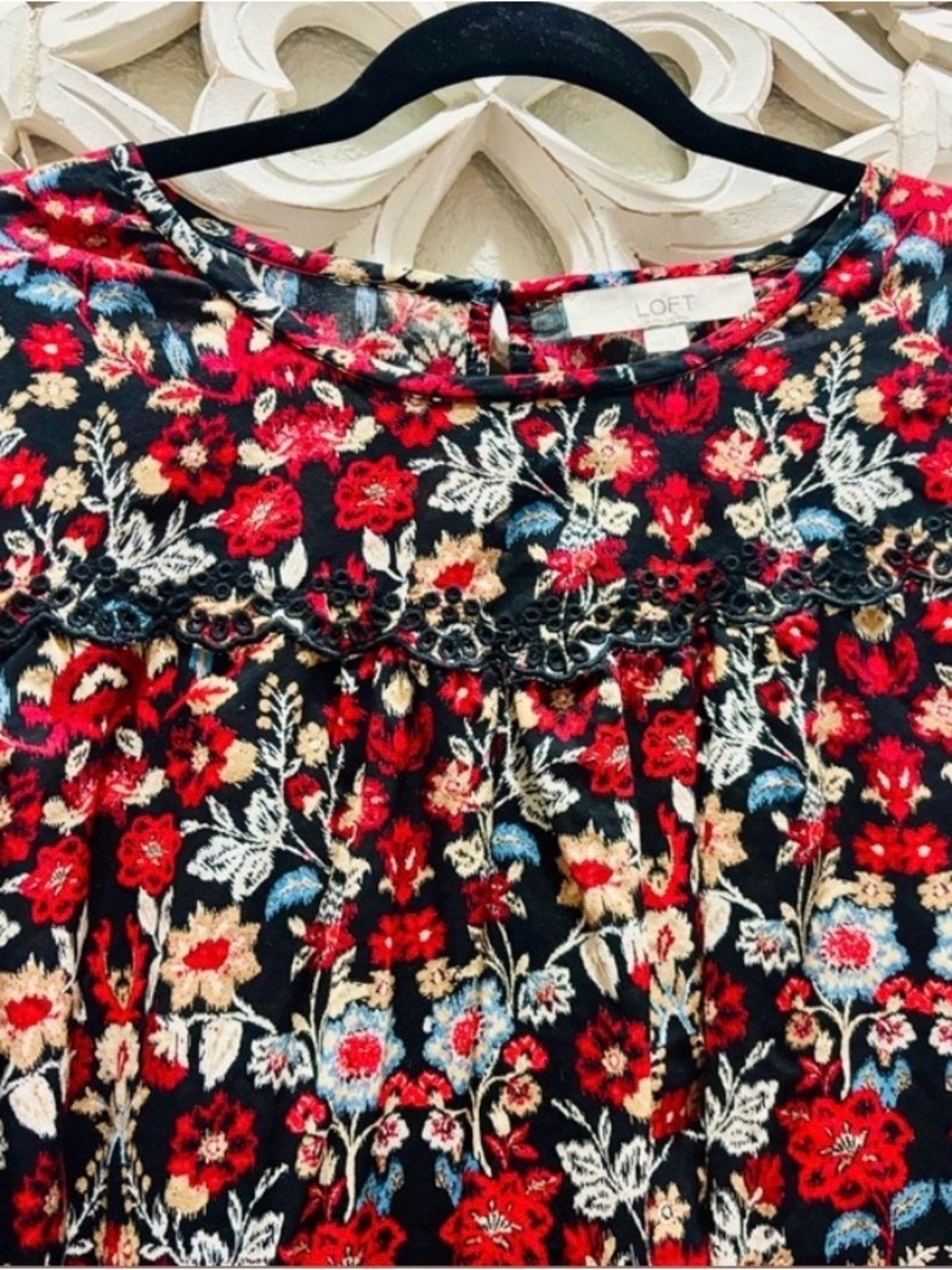 LOFT Black Floral Ruffle Eyelet Long Sleeve Blouse - Picture 3 of 9